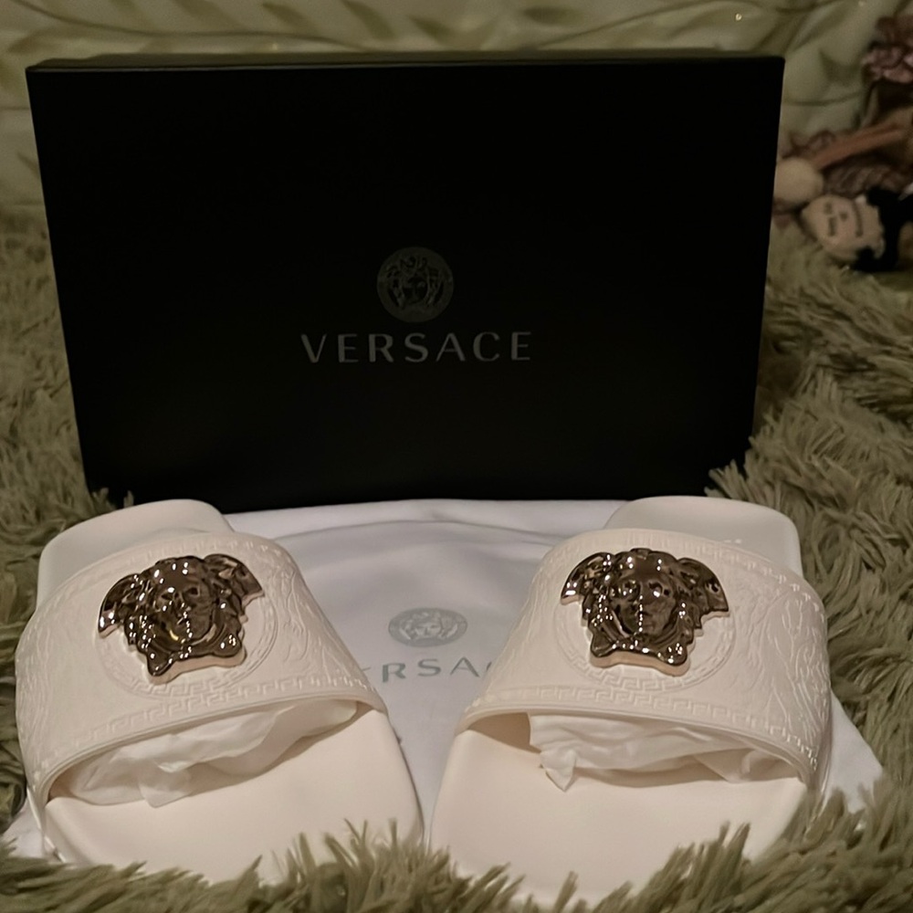 White Versace Medusa pool slides